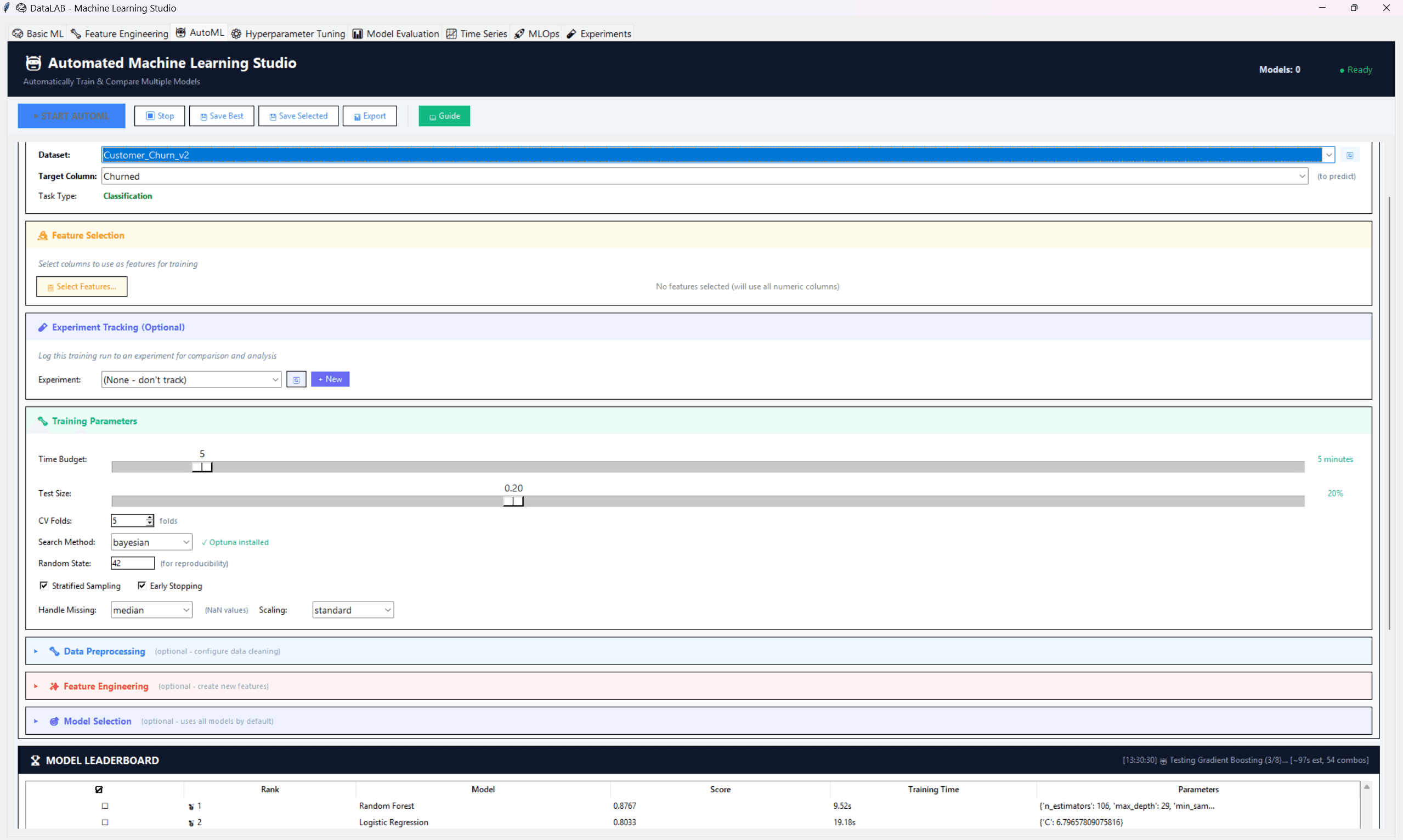 DataLAB AutoML interface with parameters and leaderboard.
