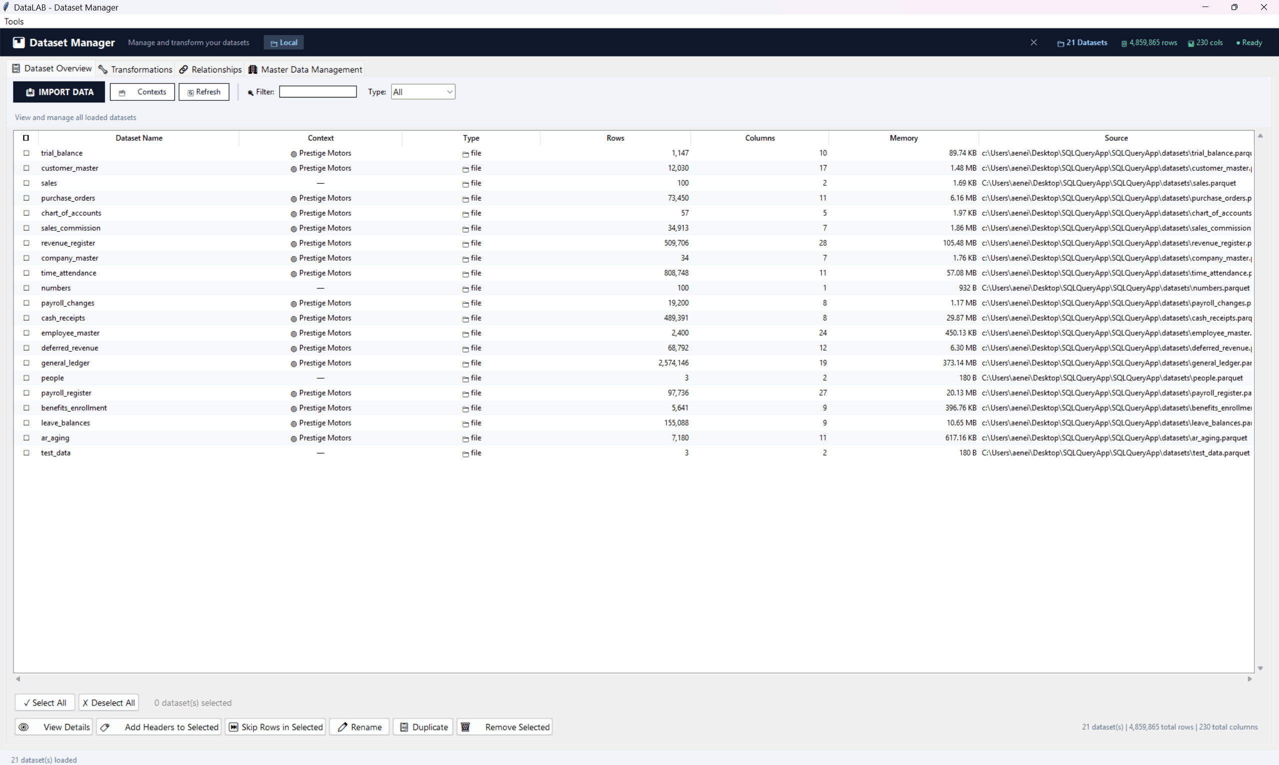 DataLAB dataset manager showing loaded files, contexts, and metadata.