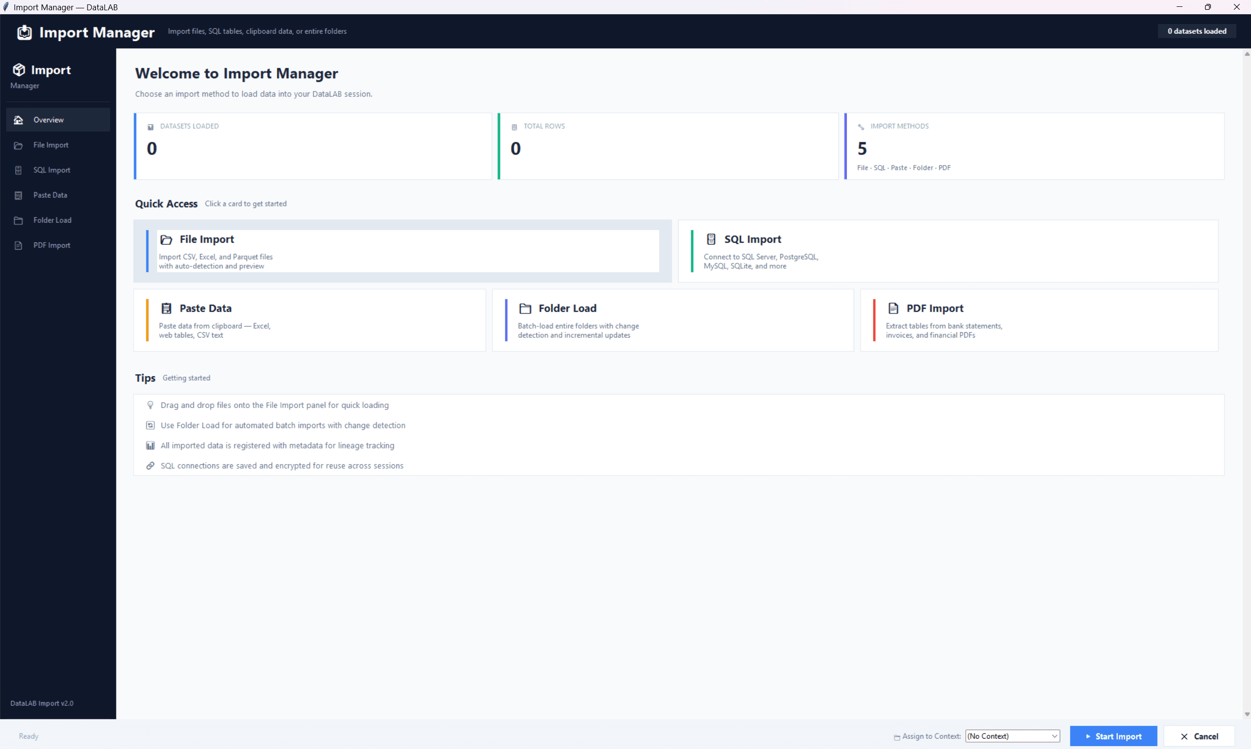 DataLAB import manager showing file import, SQL import, paste, folder load, and PDF import options.