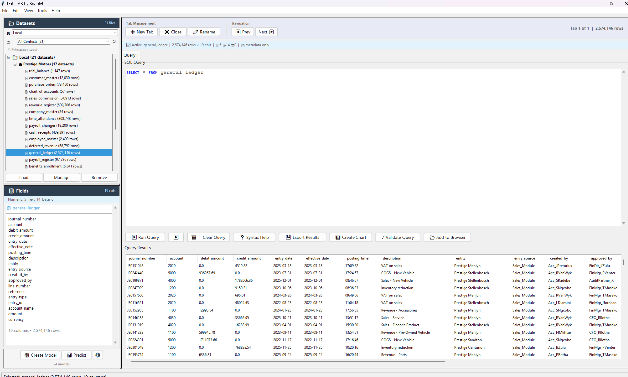 DataLAB main workspace with SQL query editor, dataset browser, and result grid.