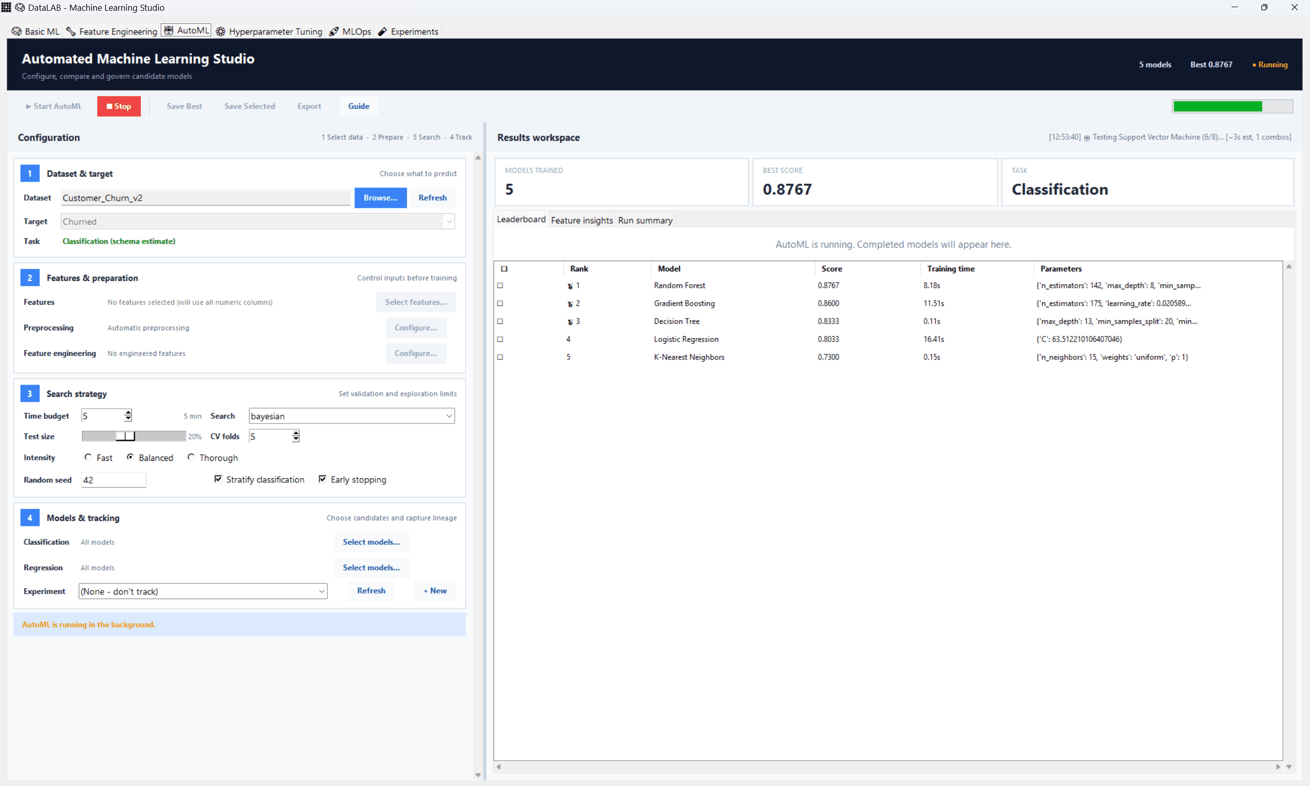 DataLAB AutoML studio with training parameters, feature selection, and model leaderboard.