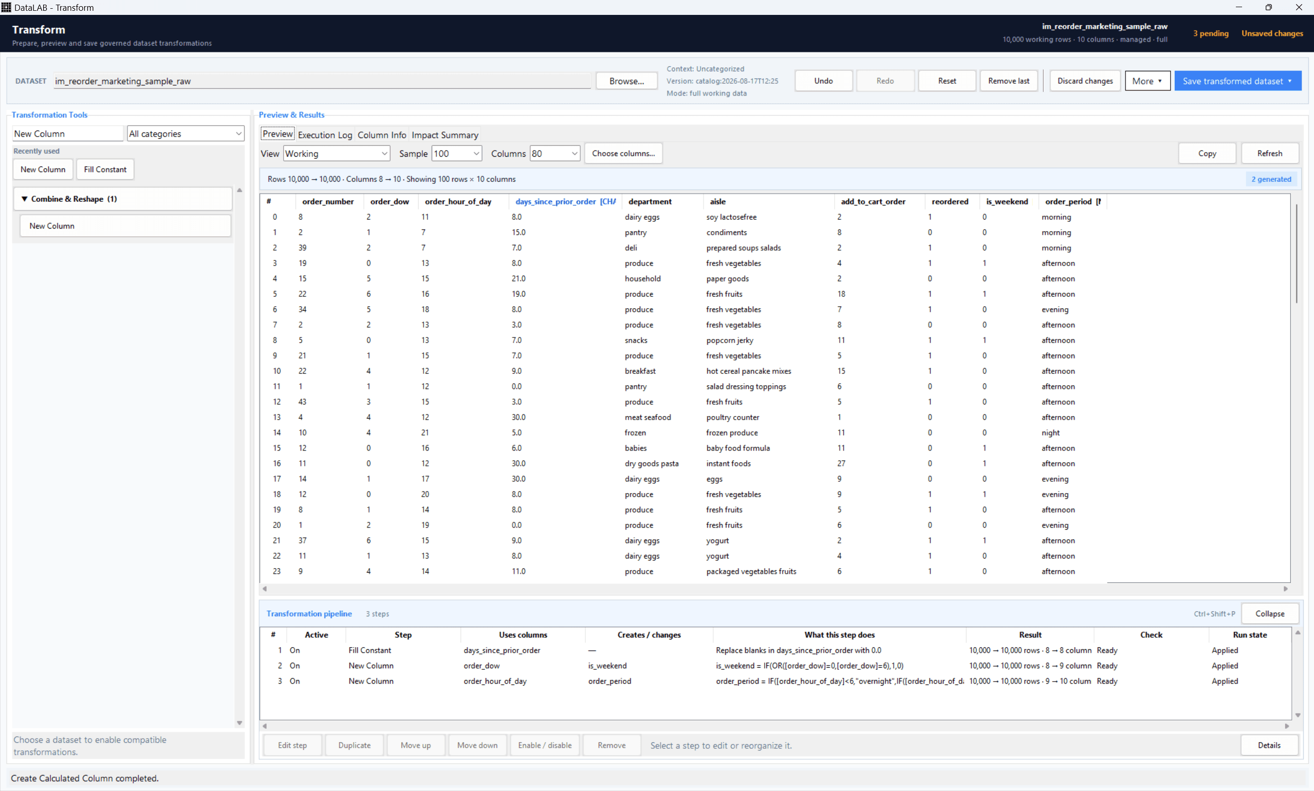 Current DataLAB transformation pipeline with chained steps, configuration options, and a preview of the resulting dataset.